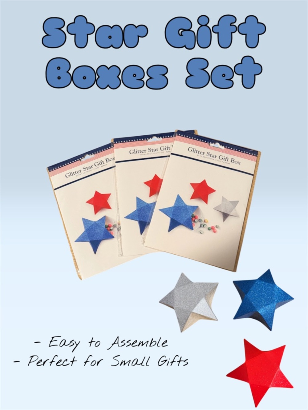 ⭐️ Bundle 5 for $13 • Glitter Star Gift Boxes - 3 packs of Red, Blue & Silver